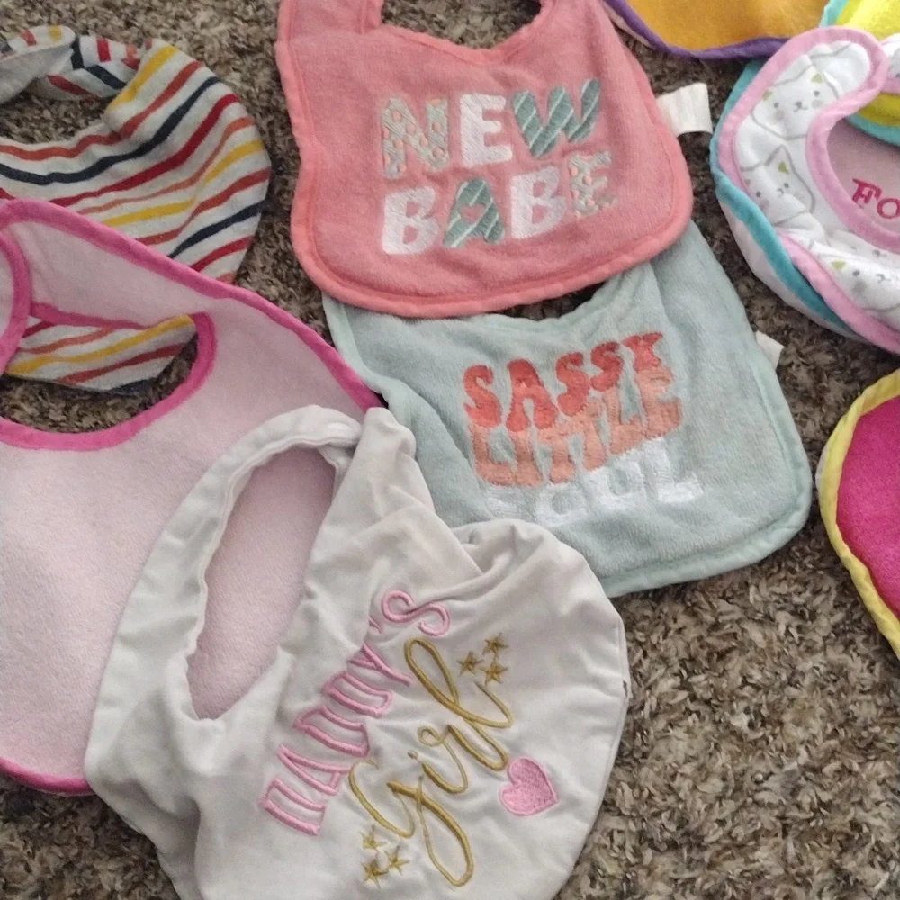 11 Baby Bibs Set - Assorted Pink, Yellow, Blue, White - Multiple Designs